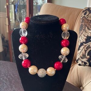 #120 - LIVE SHOW - Red, Pearl & Clear Acrylic Statement Necklace
